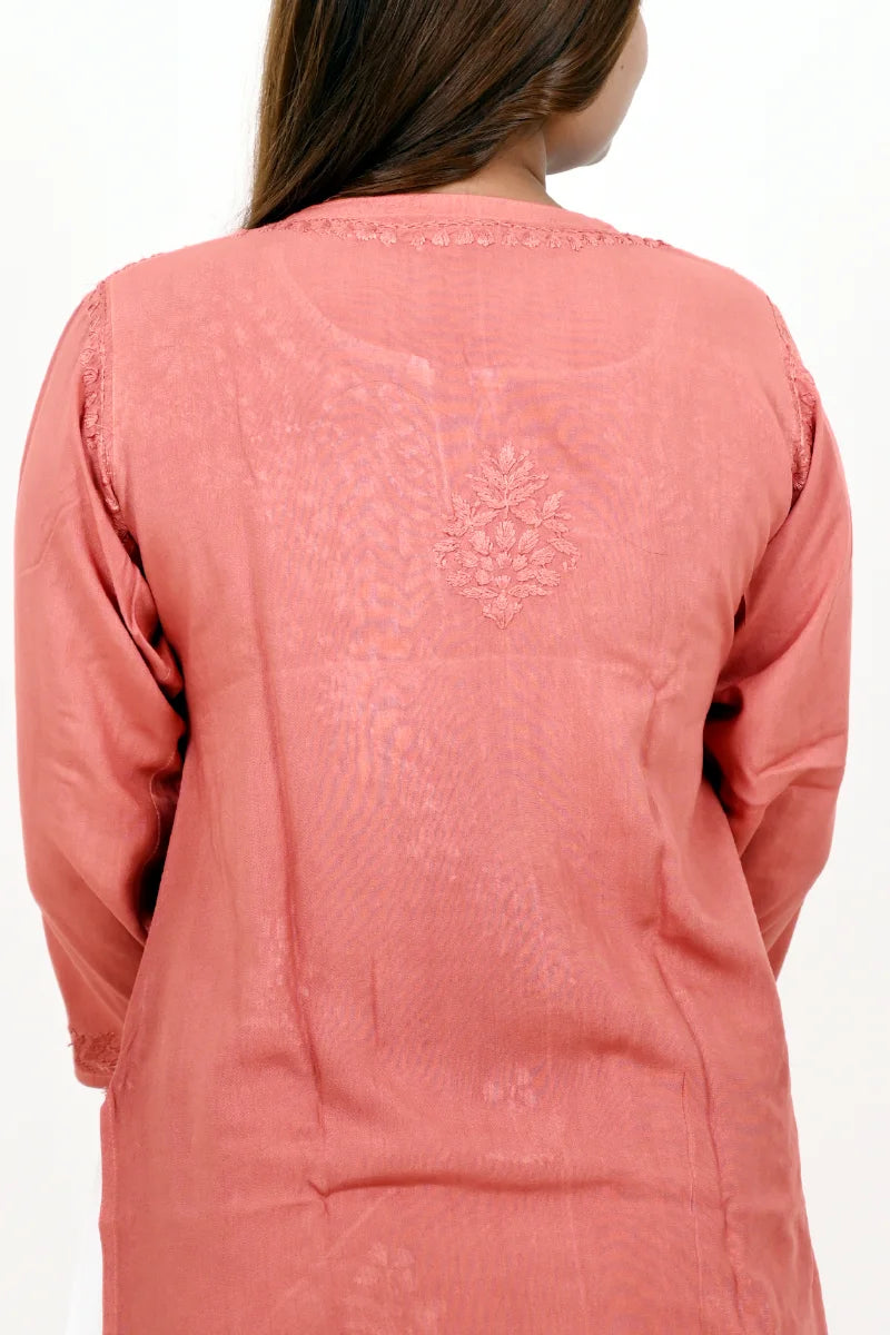 Dusty Rose rayon Short chikankari kurti with floral embroidery for women Back Work