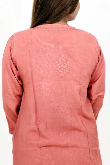 Dusty Rose rayon Short chikankari kurti with floral embroidery for women Back Work