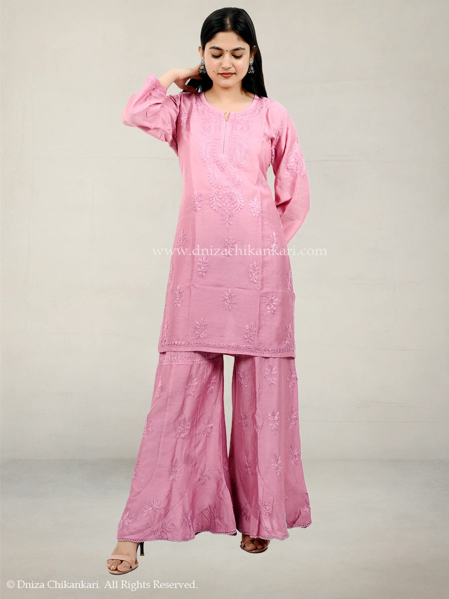 Dusty rose pink chanderi chikankari plazo set with hand embroidery and 44-inch kurti – Dniza Chikankari