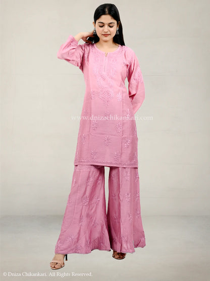 Dusty rose pink chanderi chikankari plazo set with hand embroidery and 44-inch kurti – Dniza Chikankari