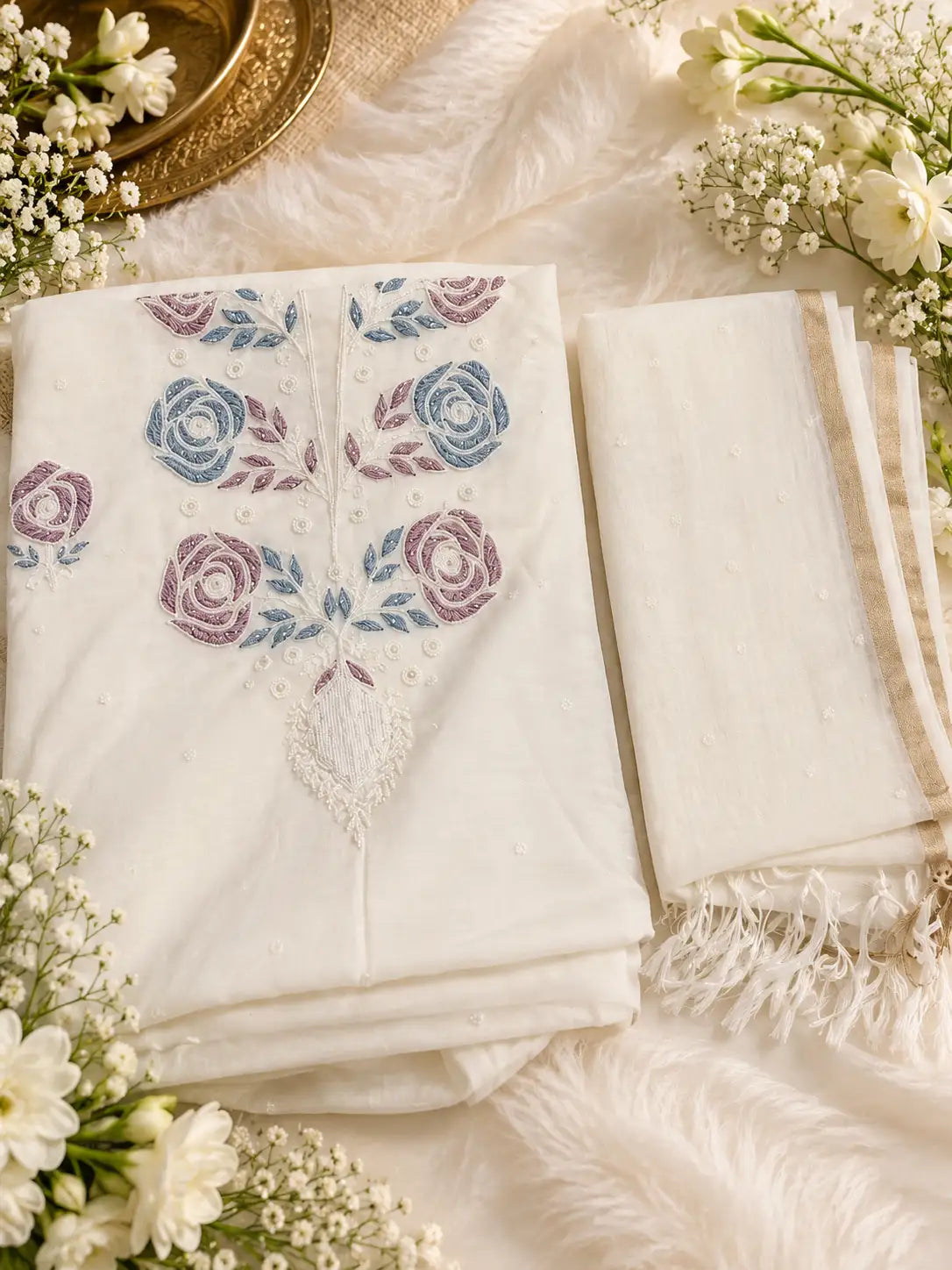 An off-white embroidered fabric set, likely a dupatta and matching scarf, styled with white flowers and a gold plate on a soft white faux fur background. The main dupatta features embroidered floral motifs in dusty purple and blue, with a central vertical slit showing white thread details.