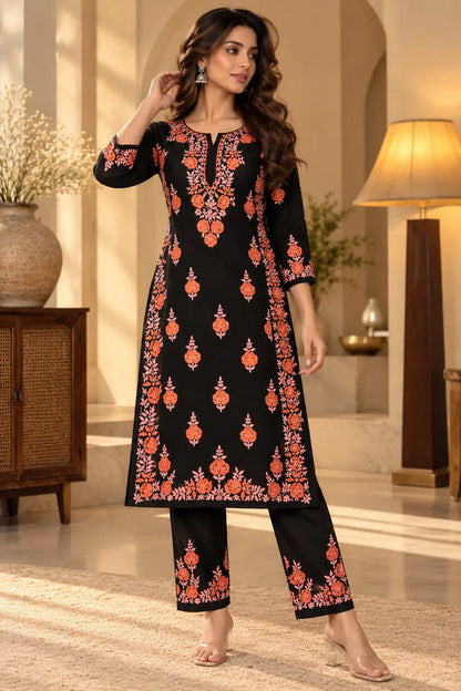 Dniza Floral Embroidered Rayon Kurta Palazzo Set for Women