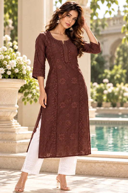Dniza Floral Embroidered Muslin Kurti for Women