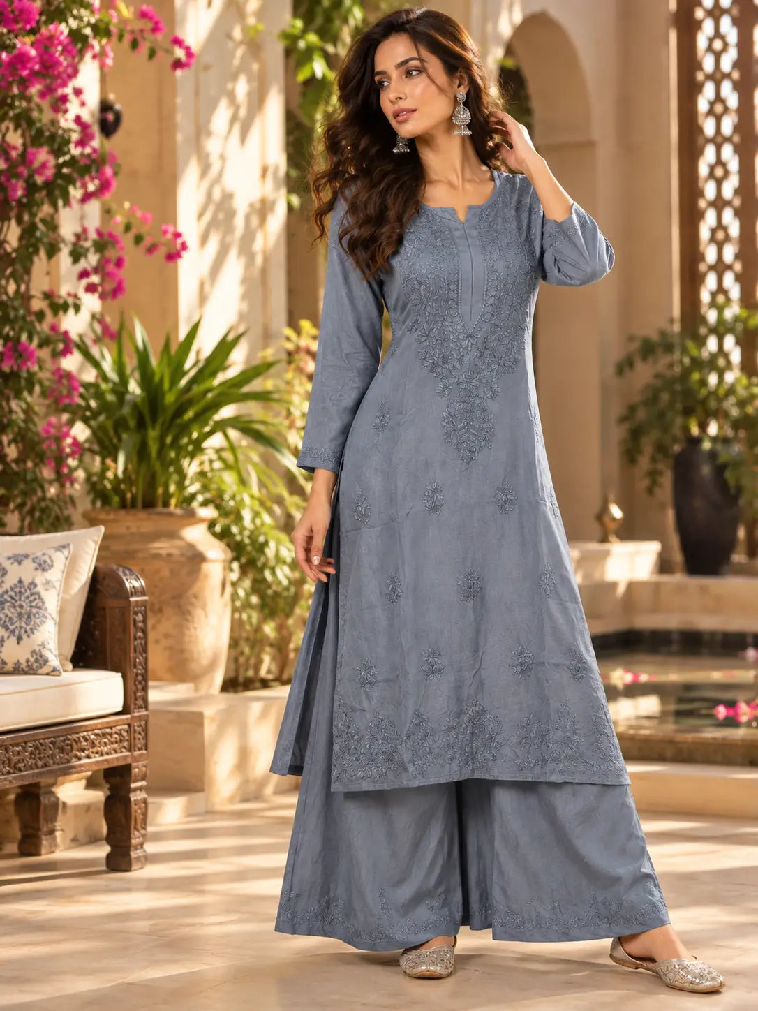 Slate Blue Chikankari Muslin Kurta Palazzo Set