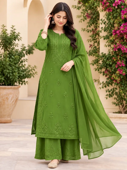 Rayon Chikankari Embroidered Kurta Palazzo Set with Dupatta