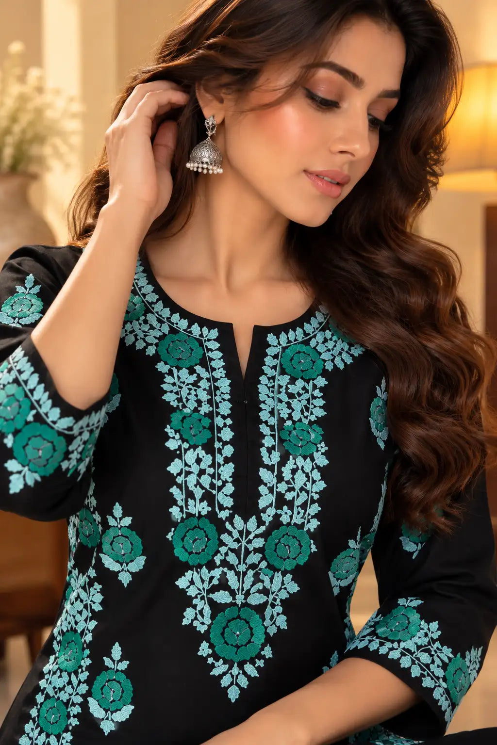 Dniza Floral Embroidered Rayon Kurta Palazzo Set for Women
