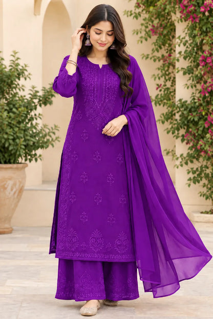 Rayon Chikankari Embroidered Kurta Palazzo Set with Dupatta