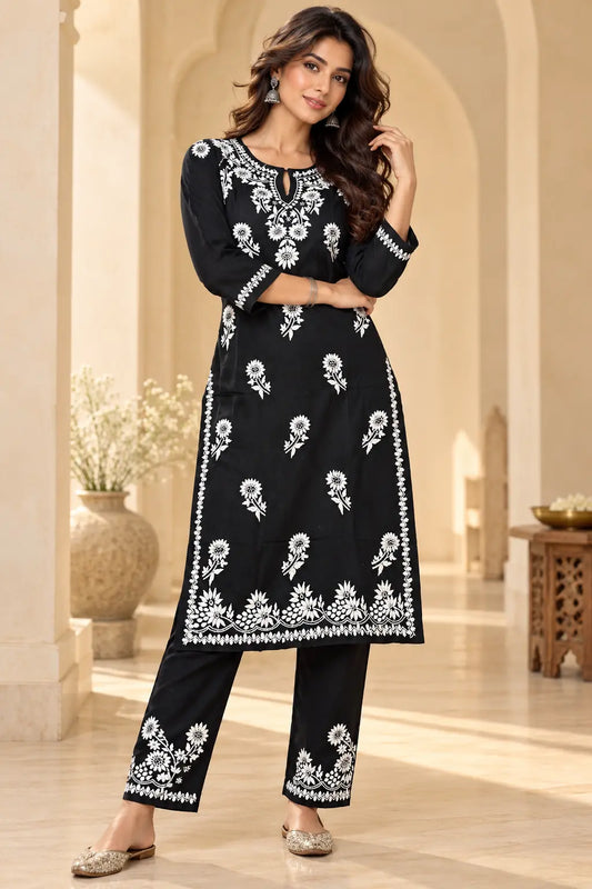 Mint Green Floral Embroidered Kurta Palazzo Set
