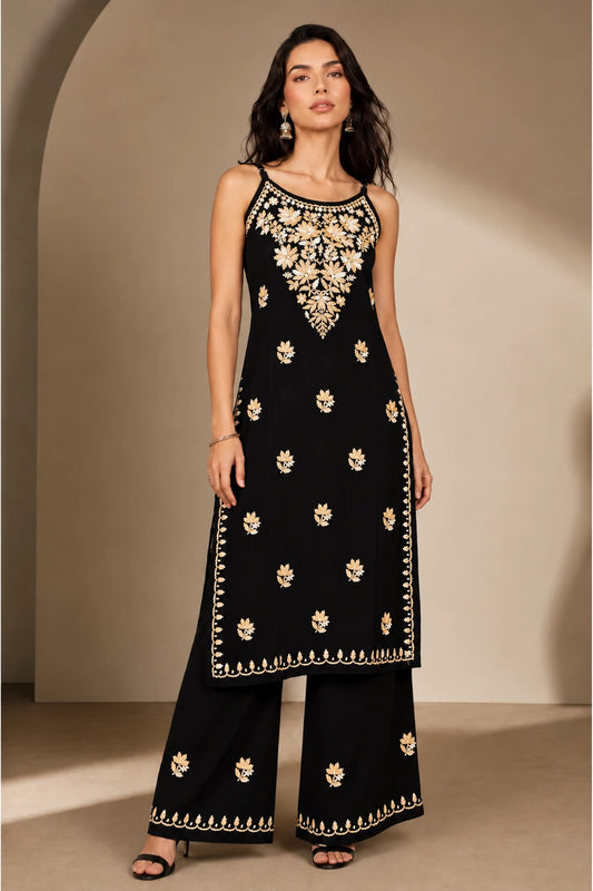 Noor Floral Embroidered Sleeveless Rayon Kurti Palazzo Set