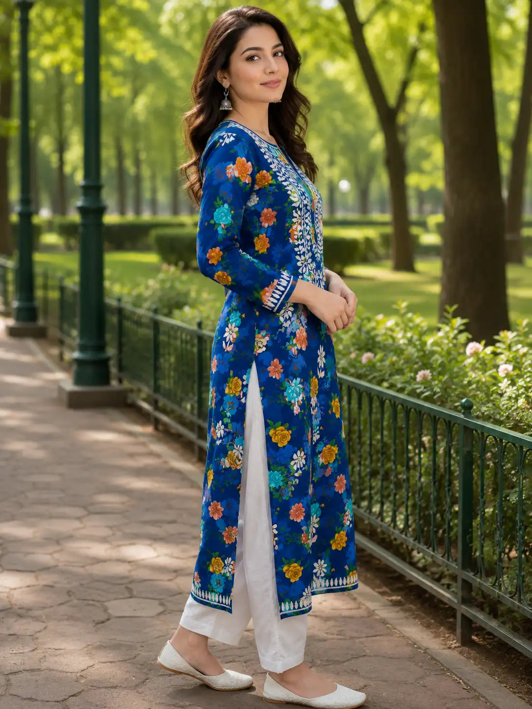 Elegant Blue Floral Cotton Kurti for Women | Comfortable Office Wear Malmal Cotton Kurta