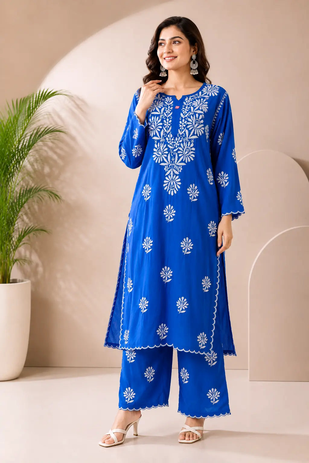 Elegant Blue Soft Rayon Cutwork Kurta and Palazzo Set for Women with White Floral Embroidery