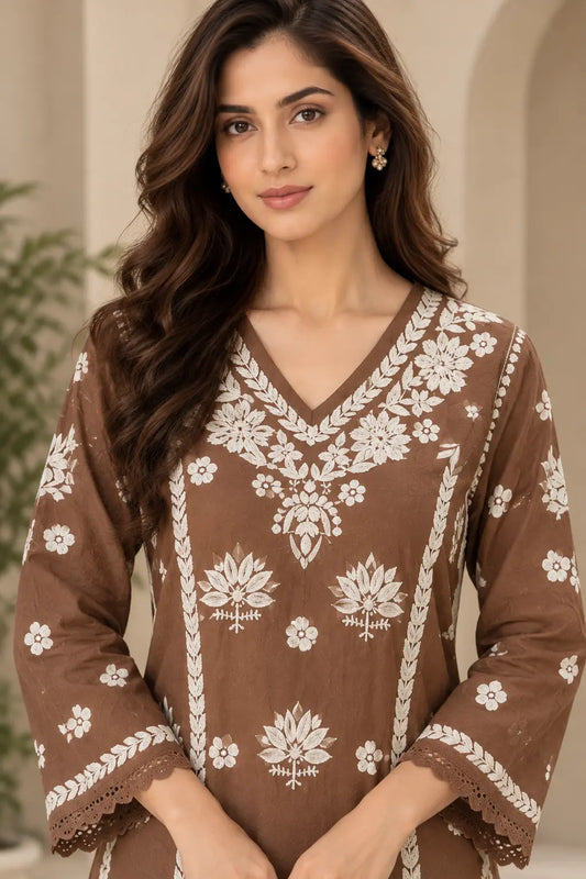 Olive Green Chanderi Chikankari Kurti for Women