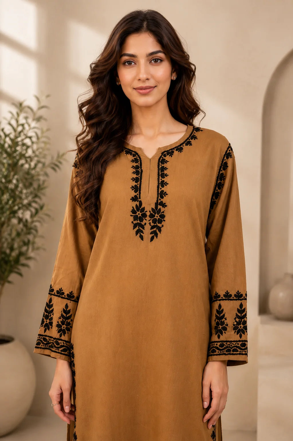 Elegant Brown Rayon Embroidered Kurta Palazzo Set for Women – Premium Indian Ethnic Wear