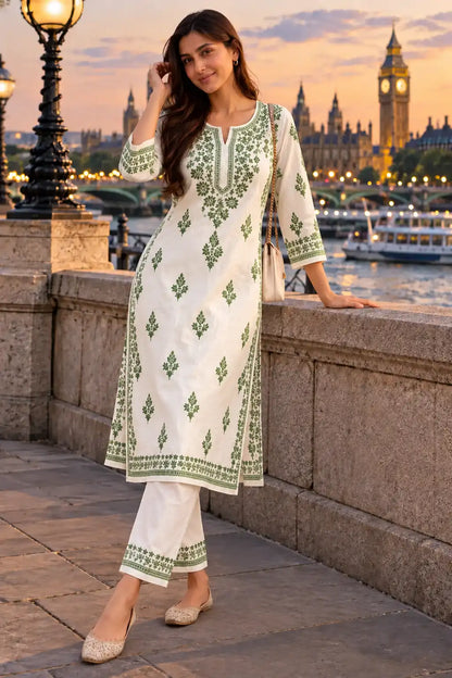 A woman models a white three-piece Indian ethnic suit with green floral embroidery, standing on a stone bridge with London's Big Ben and Westminster Bridge Tower in the background at sunset.