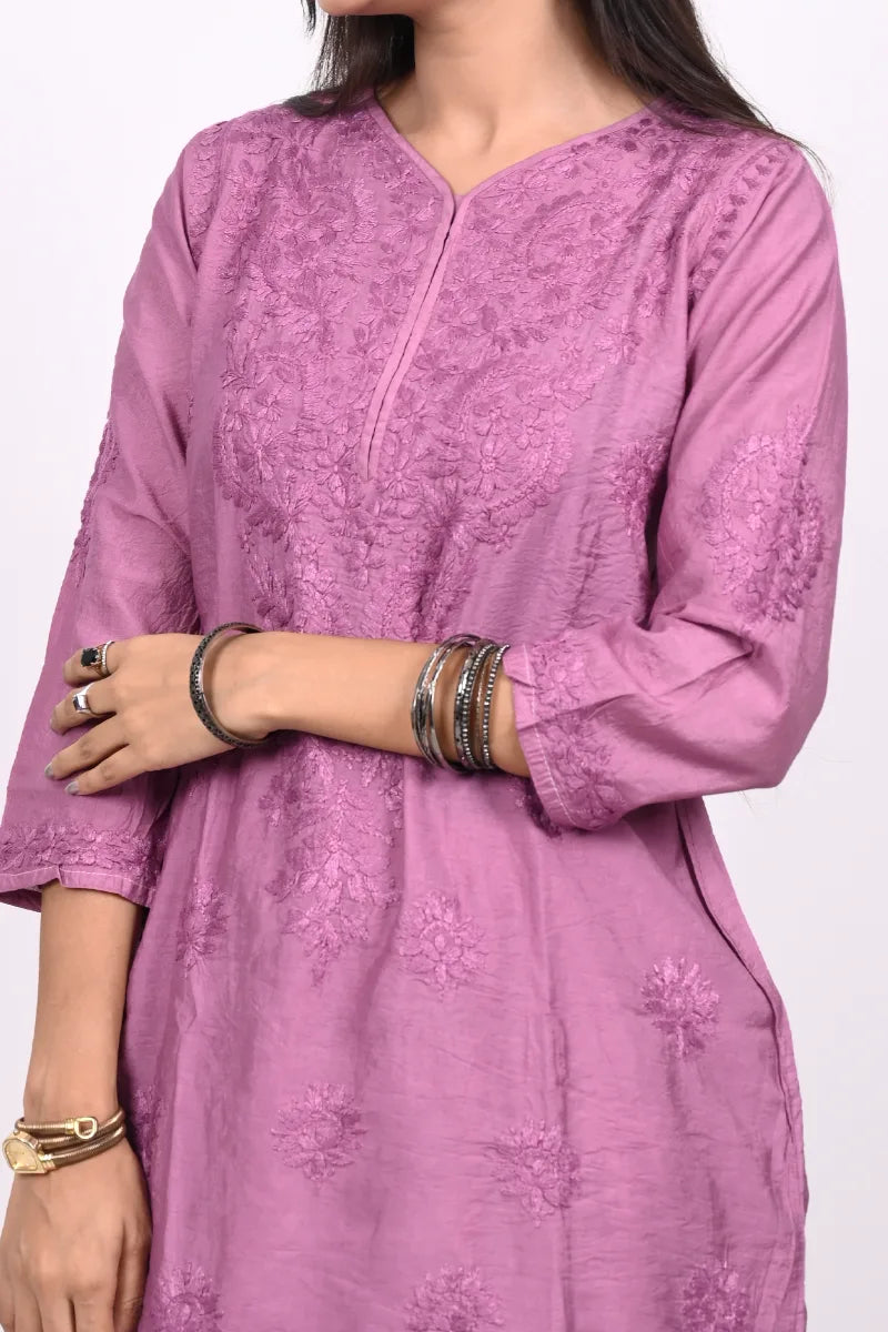 Elegant Chanderi dhoti set with handcrafted Lucknowi chikankari 