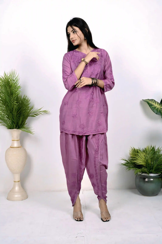 Elegant Chanderi dhoti set with handcrafted Lucknowi chikankari embroidery and matching dupatta, festive ethnic wear by Dniza Chikankari