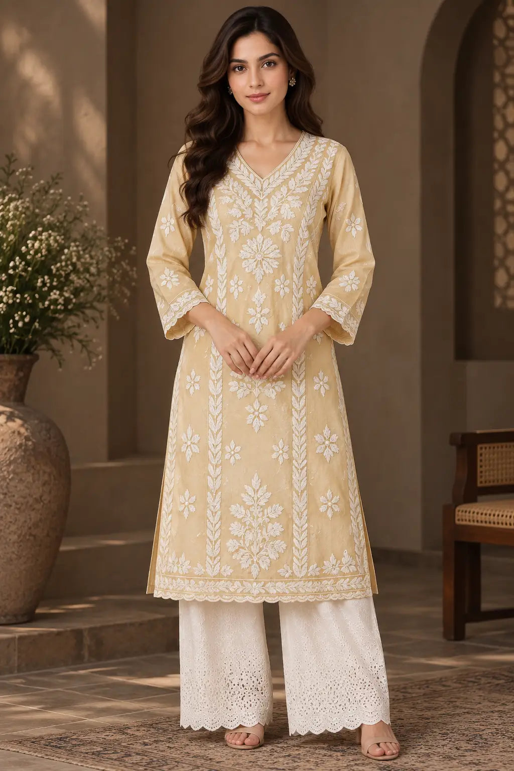 Olive Green Chanderi Chikankari Kurti for Women