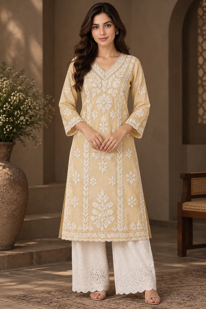 Olive Green Chanderi Chikankari Kurti for Women