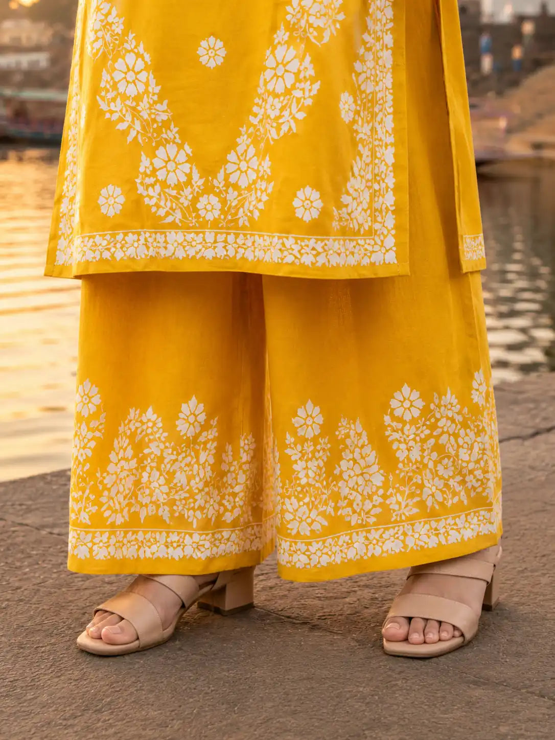 Elegant Mustard Yellow Handcrafted Lucknowi Chikankari Rayon Kurta Palazzo Set for Festive Wear