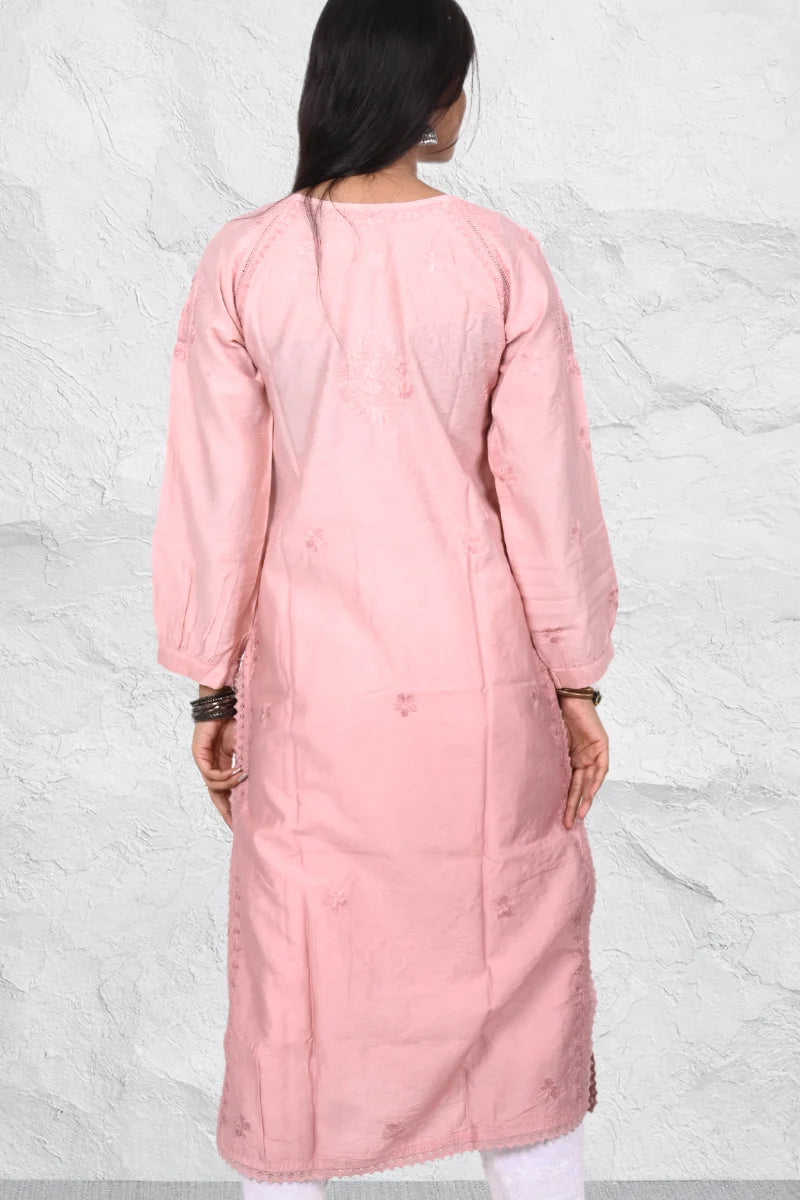 Elegant Peach Chikankari Chanderi Kurti for Women by DNIZA