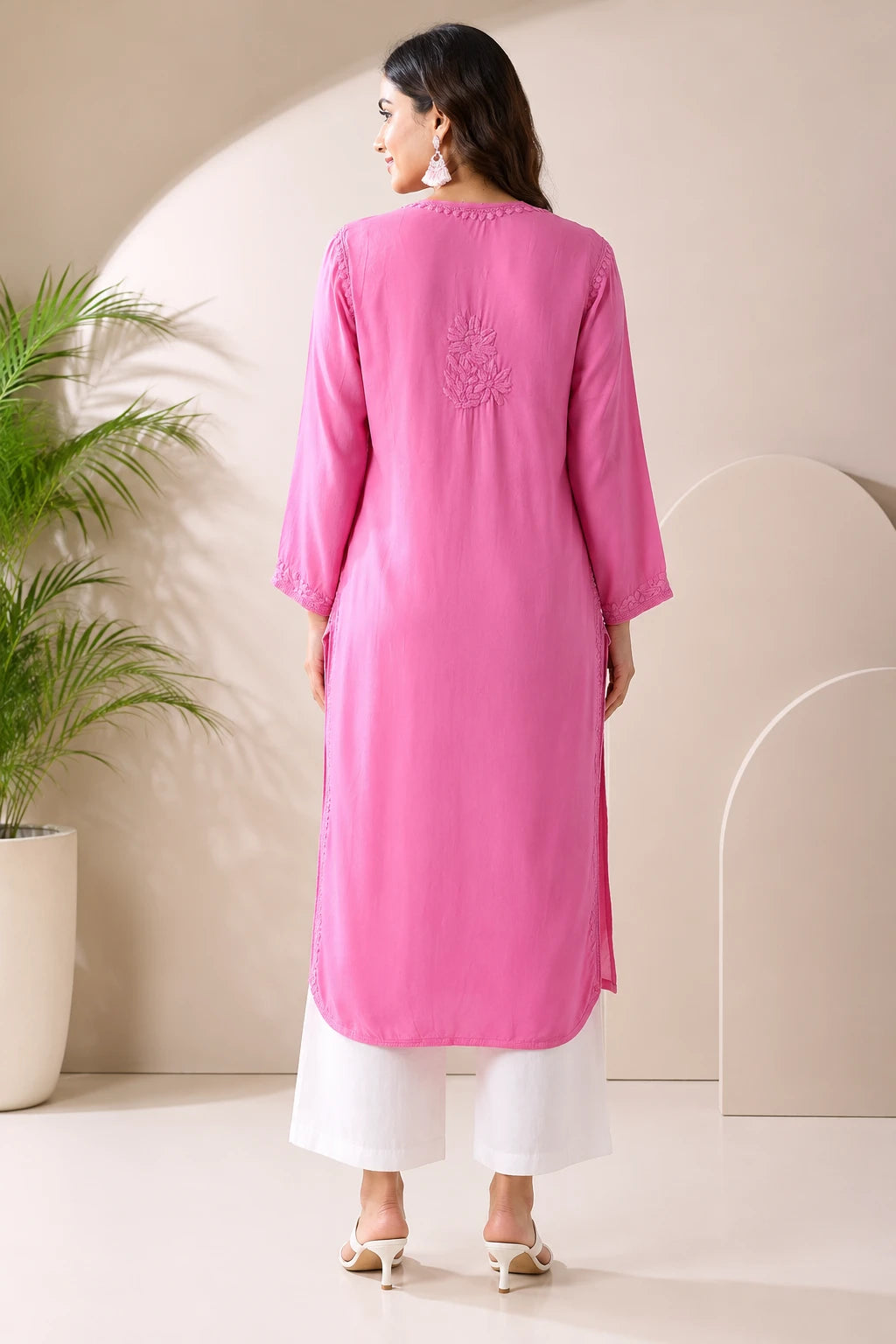 Elegant Pink Lucknowi Chikankari Modal Satin Kurta for Women – Festive & Office Wear