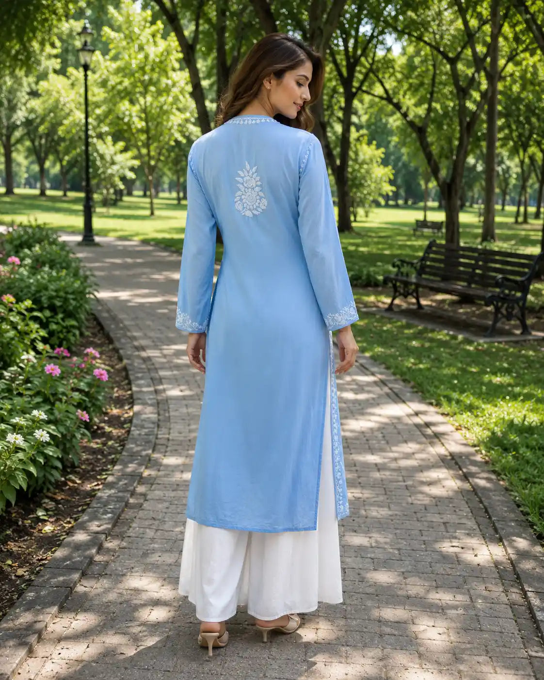 Elegant Sky Blue Modal Satin Chikankari Kurti for Women | Authentic Hand Embroidered Ethnic Wear