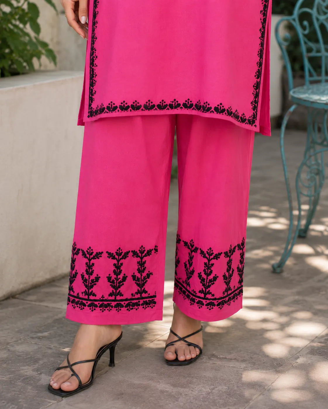 Elegant Soft Rayon Hot Pink Kurta and Palazzo Set with Black Embroidery for Women