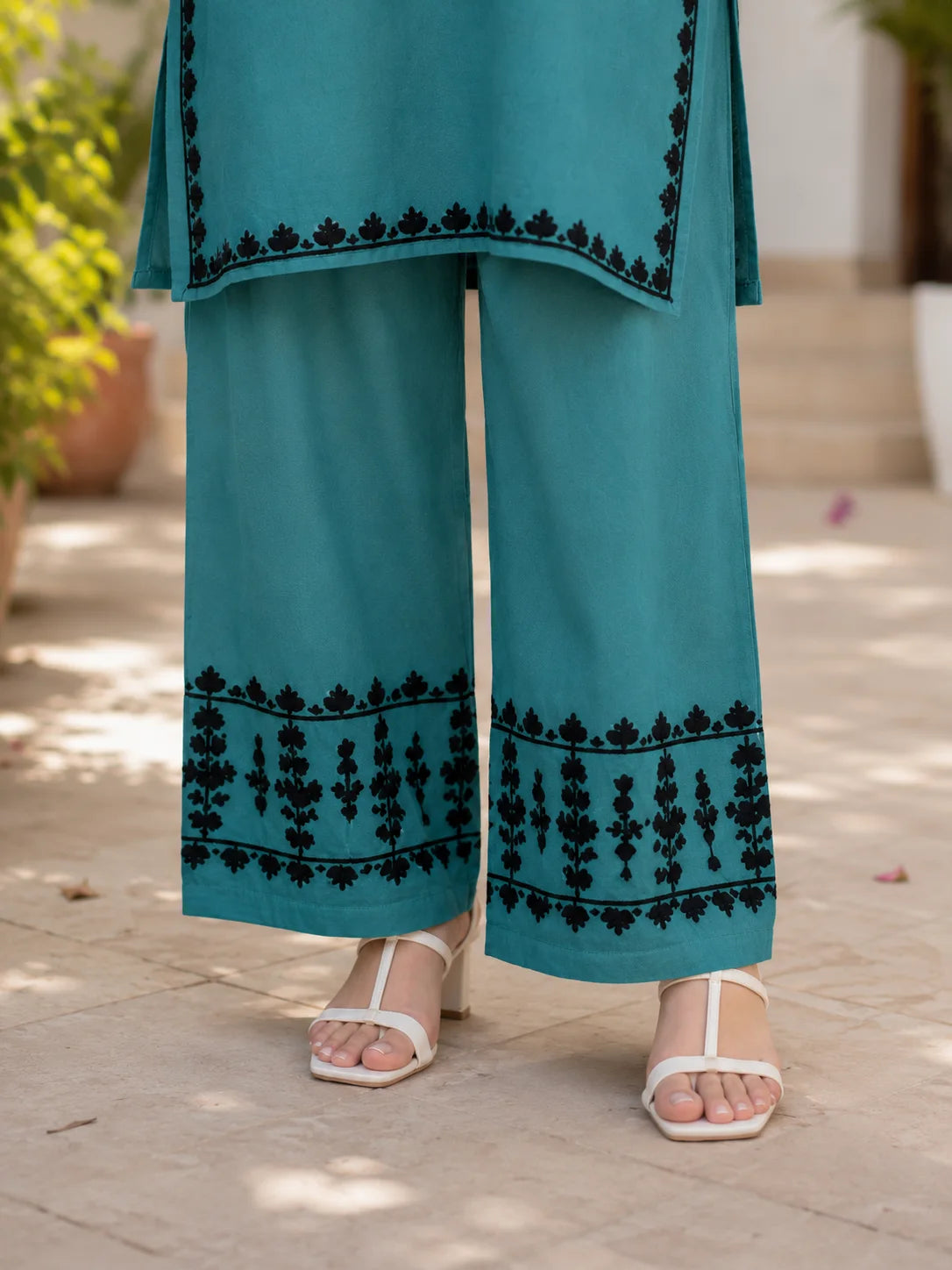 Elegant Soft Rayon Teal Blue Kurta and Palazzo Set with Black Embroidery for Women