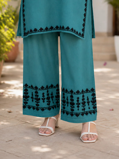 Elegant Soft Rayon Teal Blue Kurta and Palazzo Set with Black Embroidery for Women