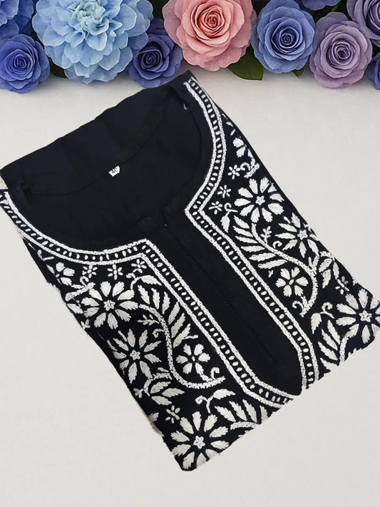 Elegant black Chikankari kurti in soft rayon cotton, featuring intricate white hand embroidery