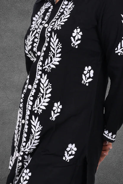 Elegant black Chikankari rayon cotton outfit with 3D Ghas Patti work and button detailing