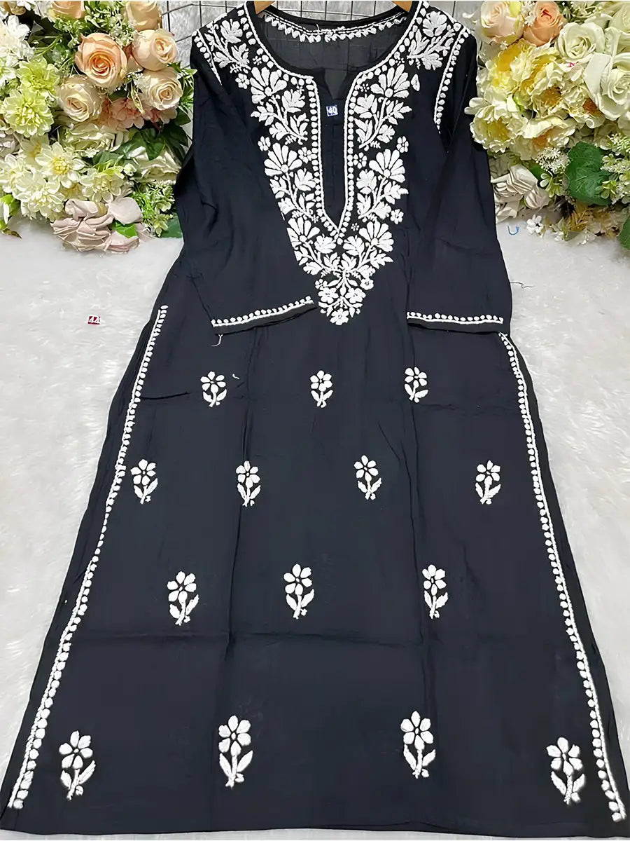 Elegant black rayon kurti with intricate white gala booti Chikankari embroidery on neckline and sleeves.
