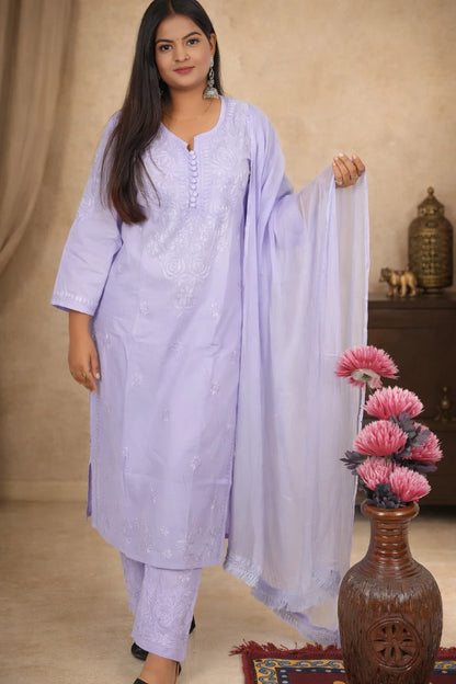 Elegant malmal fabric kurti set for women featuring pastel lavender chikankari kurta, straight pants and lightweight dupatta