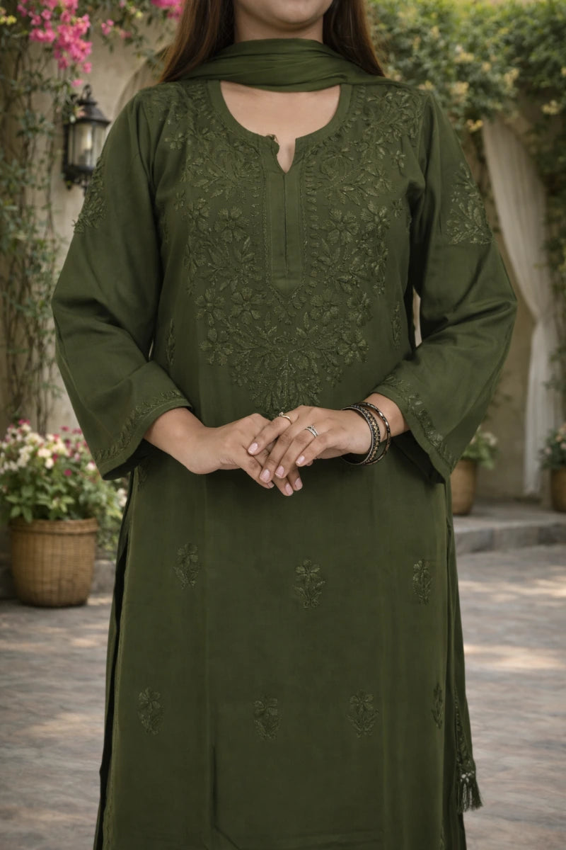 Elegant olive green rayon 3 piece dress for womens with delicate chikankari embroidery