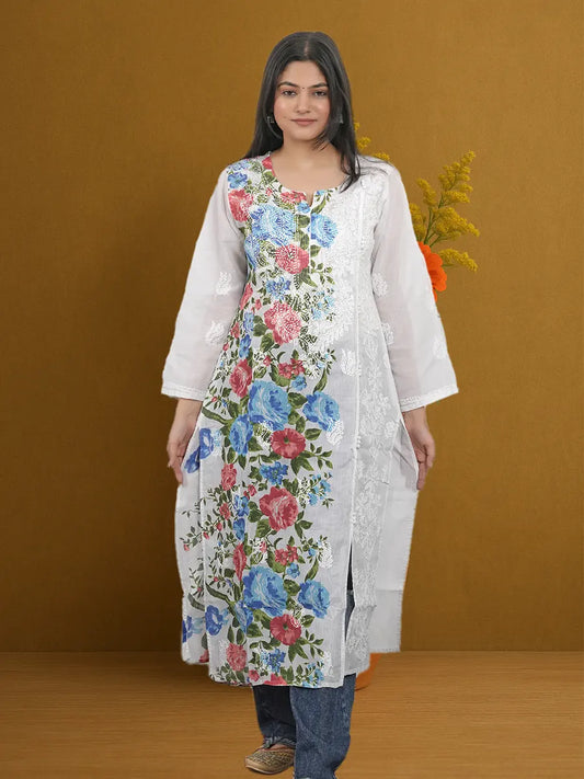 Fusion-style Chikankari kurta featuring contemporary prints and Lucknowi embroidery for modern ethnic looks
