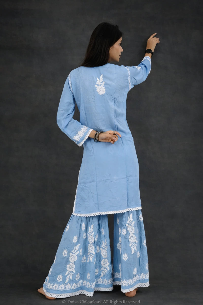 Elegant rayon kurta garara set with embroidered lace work