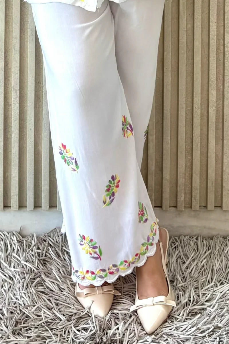 Elegant white rayon suit with black embroidery for women