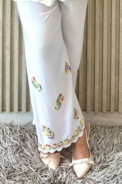 Elegant white rayon suit with black embroidery for women