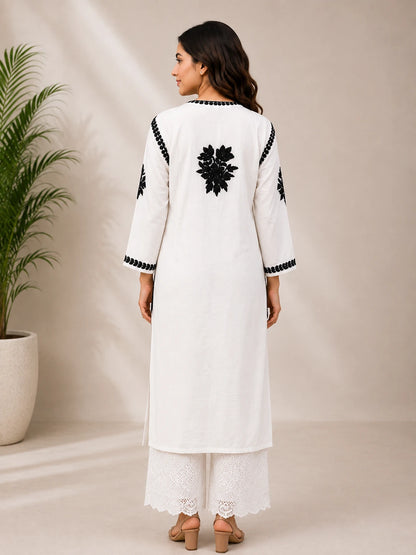 Elegant women's white modal embroidered straight kurta
