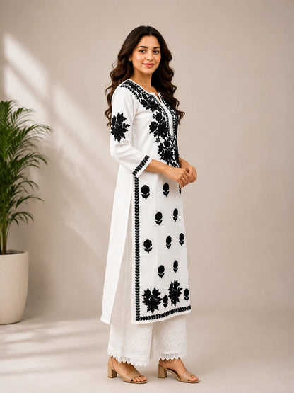 Elegant women's white modal embroidered straight kurta