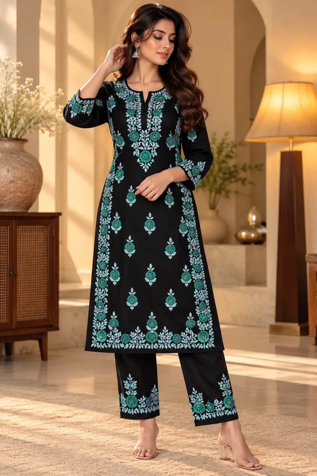 Dniza Floral Embroidered Rayon Kurta Palazzo Set for Women