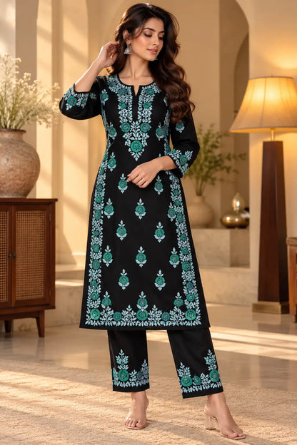 Dniza Floral Embroidered Rayon Kurta Palazzo Set for Women