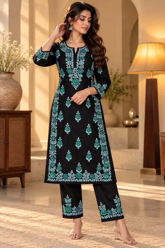 Dniza Floral Embroidered Rayon Kurta Palazzo Set for Women