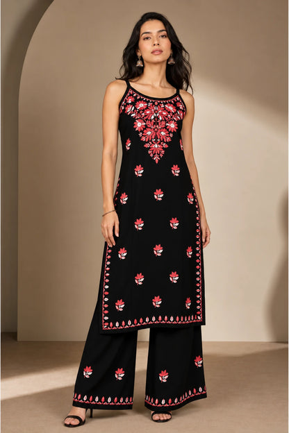 Noor Floral Embroidered Sleeveless Rayon Kurti Palazzo Set