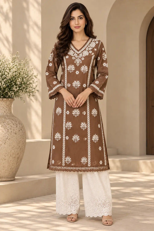 Olive Green Chanderi Chikankari Kurti for Women
