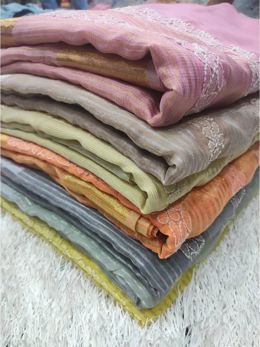 Fine Chanderi Chikankari Saree with Fanda & Bakhiya Embroidery – 6.5 Mtrs with Blouse Piece

