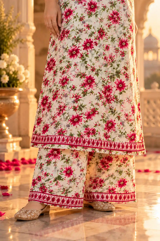 Dniza Pink Floral Mulmul Cotton Kurta Palazzo Set for Women