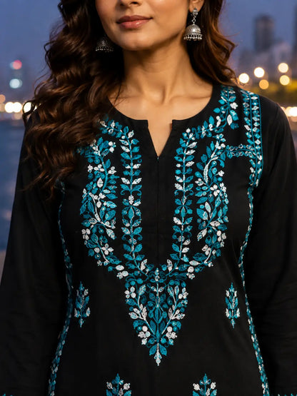 Floral Chikankari Embroidered Black Palazzo Set for Women