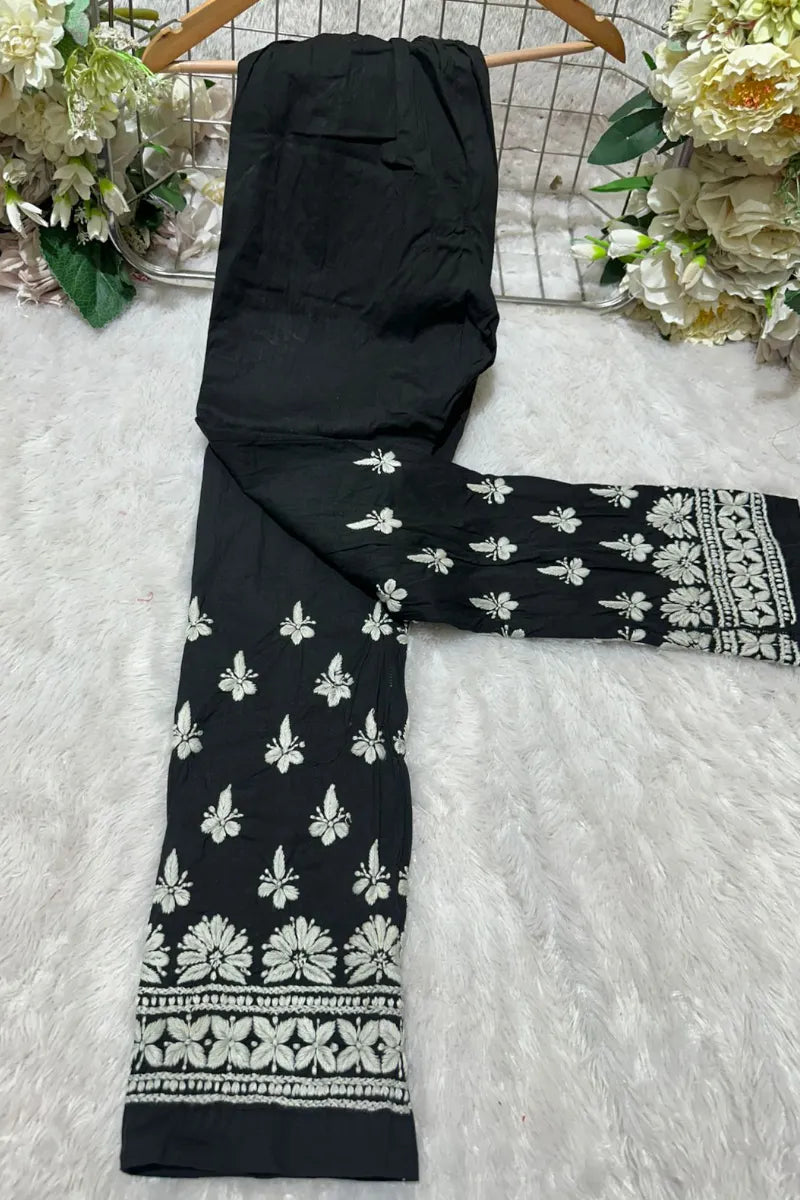 Free size black lycra chikankari pant with delicate hand embroidery