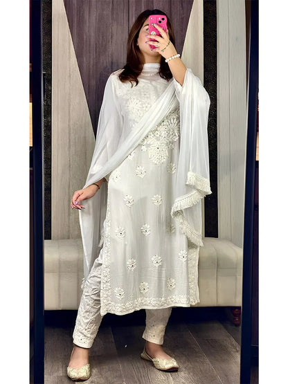 Front view of 3-piece rayon kurti set with Mukesh work – elegant ethnic wear
